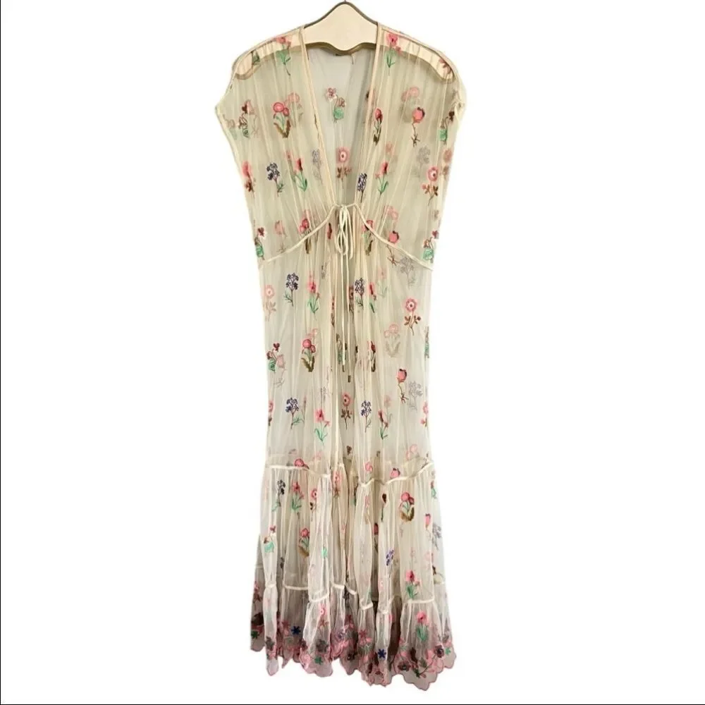 Anthropologie Bl-nk Sheer Floral Embroidered Overlay Duster Kimono - Picture 5 of 9